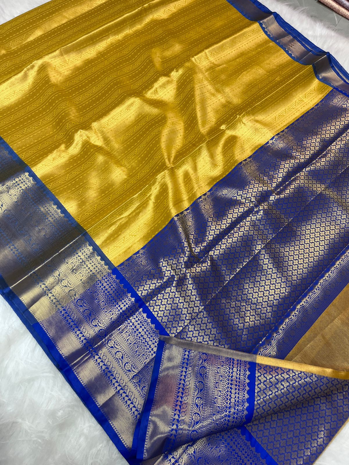 Banarasi  Yellow Soft Silk Saree Fancy all kanchipuram contrast border 3 😻